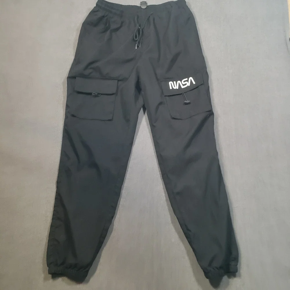 SHEIN Cargo Joggers Mens Large Black NASA Logo Drawstring‎ Track Pants